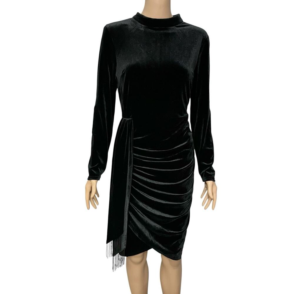 Tahari ASL Velvet Cocktail Dress 8 Petite Black Beaded Fringe Ruched Long Sleeve